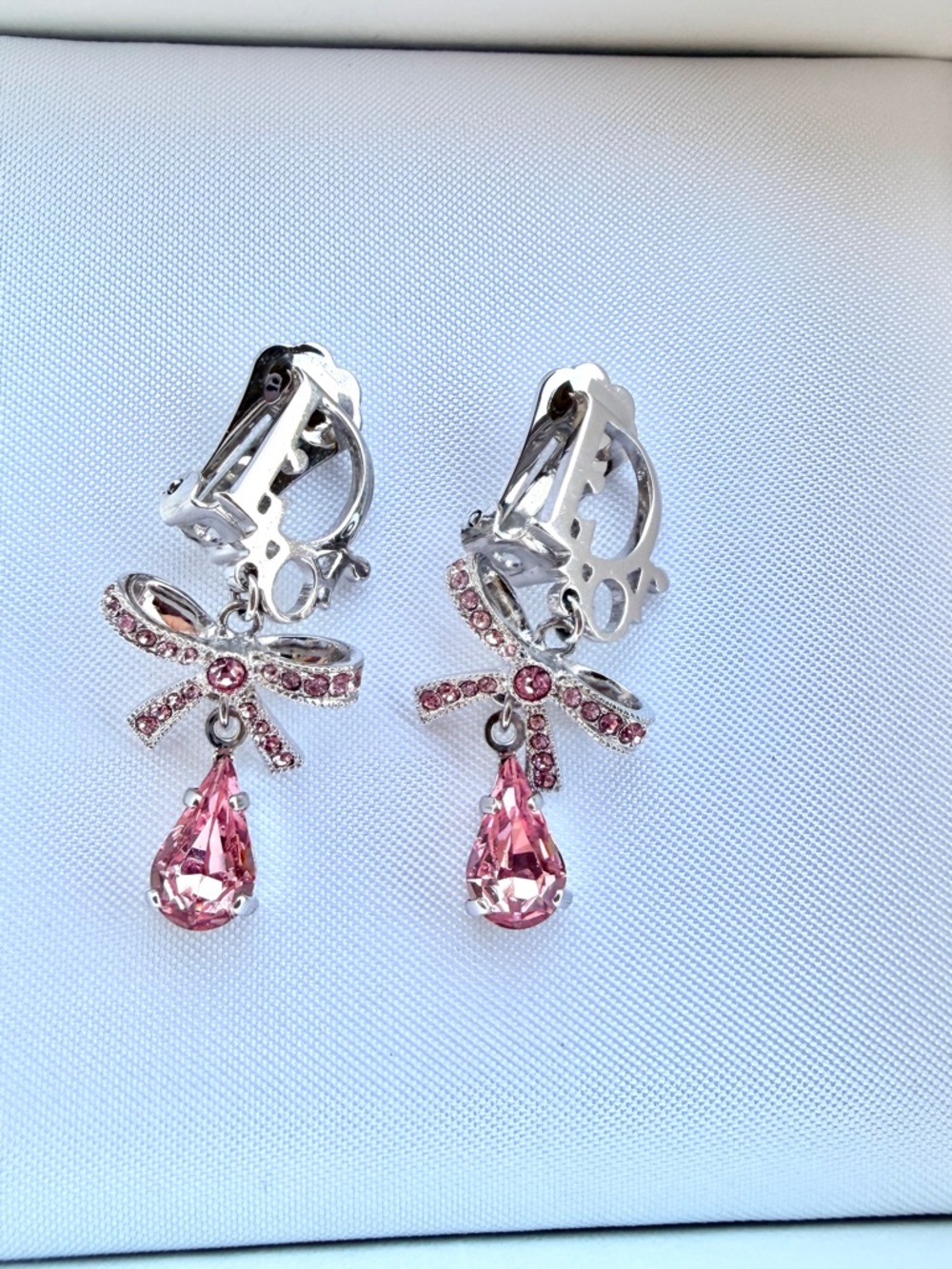 🌸 Dior Pink Bow Crystal Clip-On Earrings (with Box & Card)